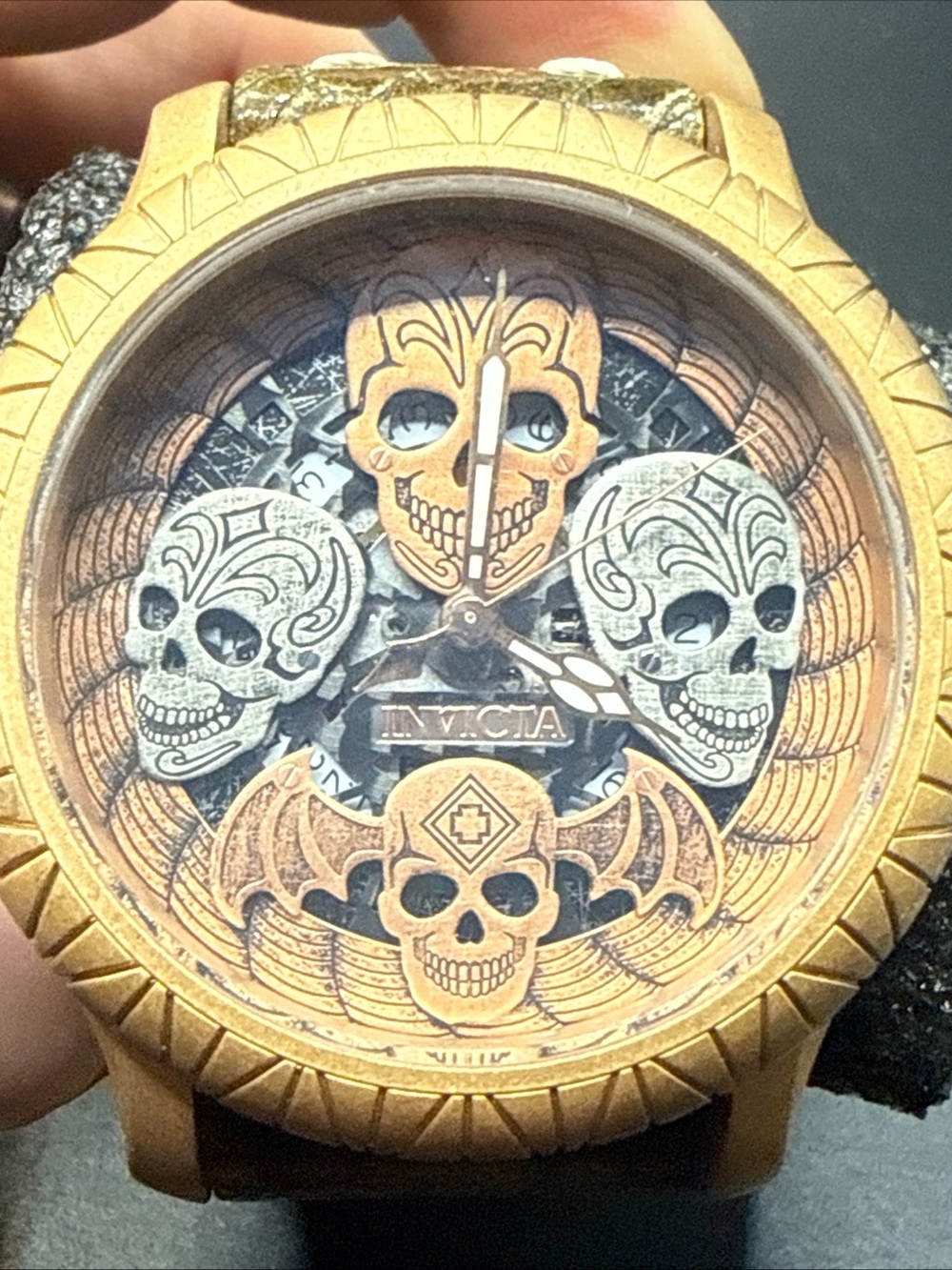 Invicta Gold and Silver Skull Motif Mechanical Watch
